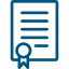 Un icono azul y simplificado de un documento con un sello en la parte inferior, que representa un certificado o documento oficial.