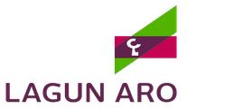 Logotipo de Lagun Aro que muestra el texto debajo de un gráfico estilizado de dos triángulos verdes y un rectángulo horizontal morado.