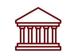 Contorno marrón de un edificio clásico con columnas y techo triangular.