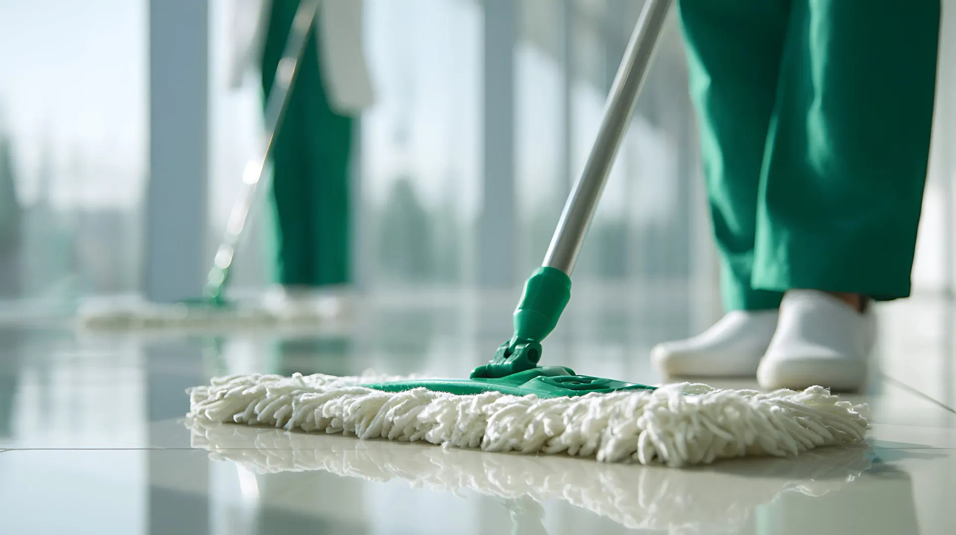 Persona trapeando un piso brillante en una habitación iluminada; otra persona en el fondo.