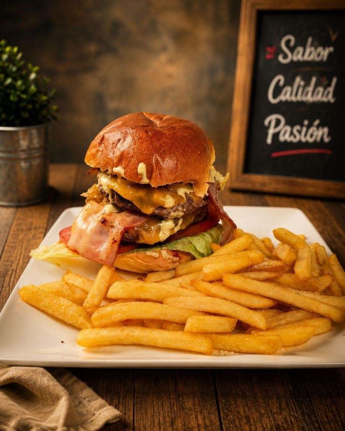 Hamburguesa y patatas fritas en un plato en un ambiente cálido de restaurante con un cartel de pizarra al fondo.