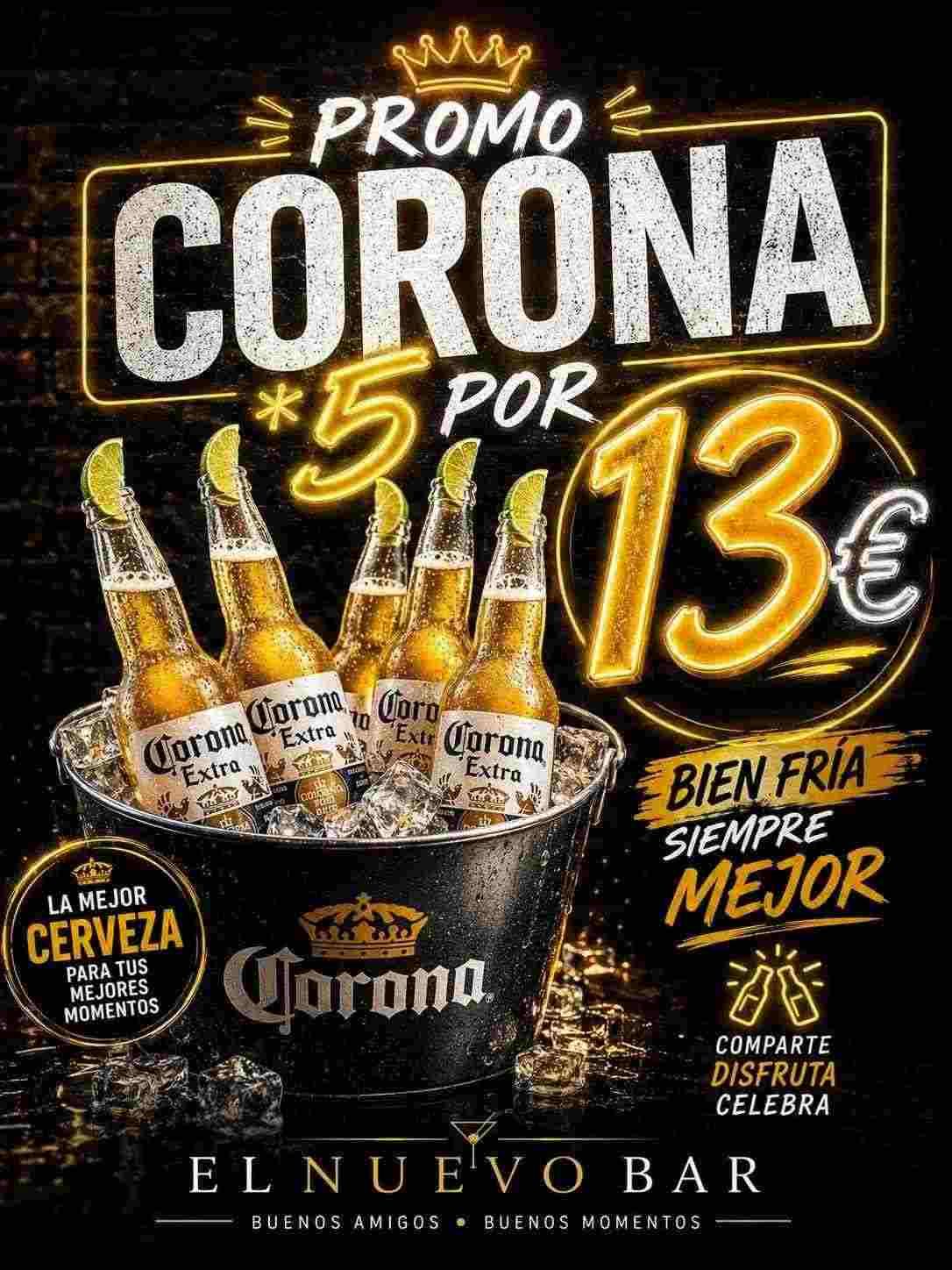 Cartel promocional de cerveza Corona con 5 botellas por 13 euros en un cubo de metal, fondo negro.