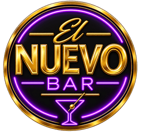 Logotipo circular de neón con la inscripción “El Nuevo Bar” en dorado y morado, con un icono de copa de martini.