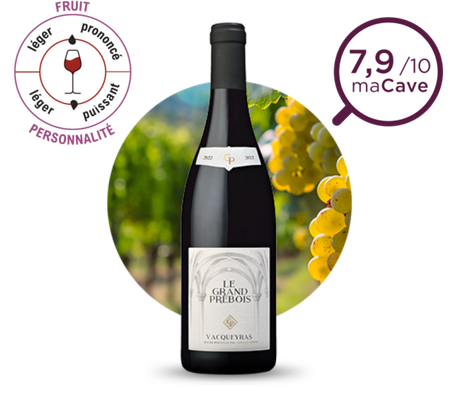 Présentation d'une bouteille de vin rouge de Châteauneuf-du-Pape Le Grand Prèbois. Note 7,9/10 maCave. Fruit : prononcé ; personnalité : puissant.