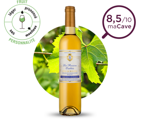 Présentation d'une bouteille de vin blanc moelleux Côte de Bergerac. Note : 8,5/10 maCave. Fruit : prononcé ; personnalité : moelleux.