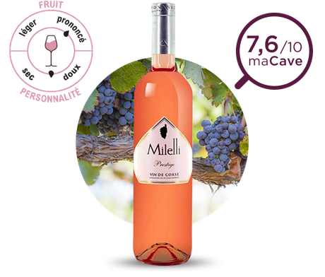 Présentation d'une bouteille de vin rosé Corse Milelli Prestige 2025. Note : 7,6/10 maCave. Fruit : prononcé ; personnalité : doux.