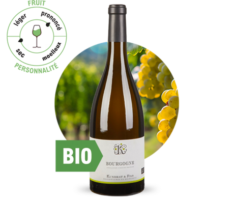Présentation d'une bouteille de Bourgonne Chardonnay Blanc sec Bio. Fruit : prononcé ; personnalité : sec.