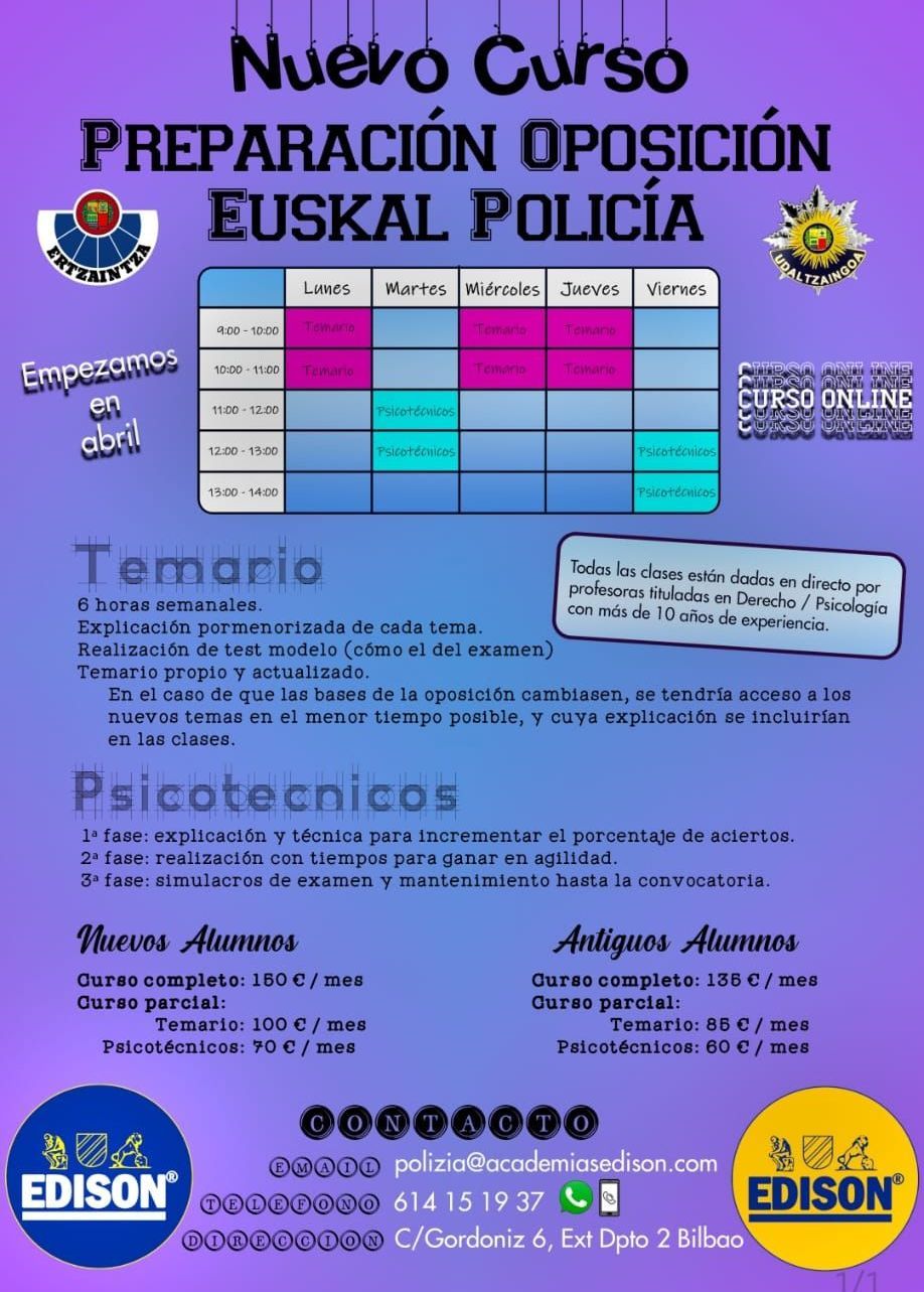 Un cartel que dice 'Curso de preparación de la oposición para la policía vasca'.