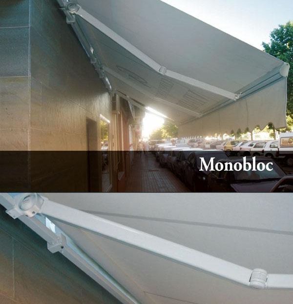 Un toldo blanco con la palabra monobloque.