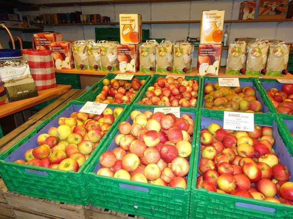 Obst und Gemüse in Kisten im Hofladen von der Grimm Obst & Gemüse AG