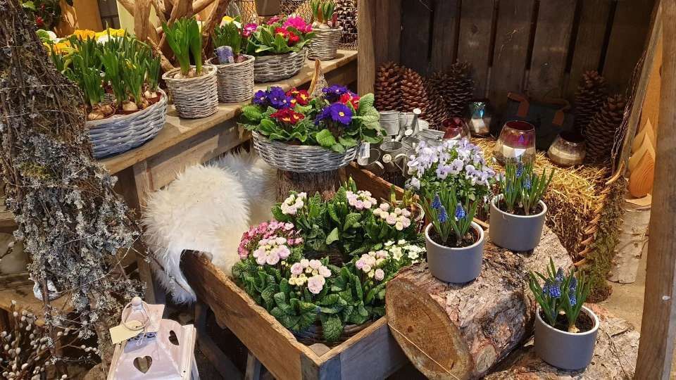 Blumendekoration im Hofladen der Grimm Obst & Gemüse AG