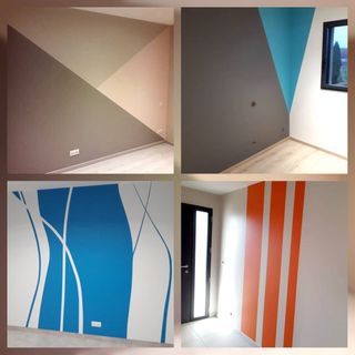 Plusieurs pans de murs peints de différentes couleurs dans une maison