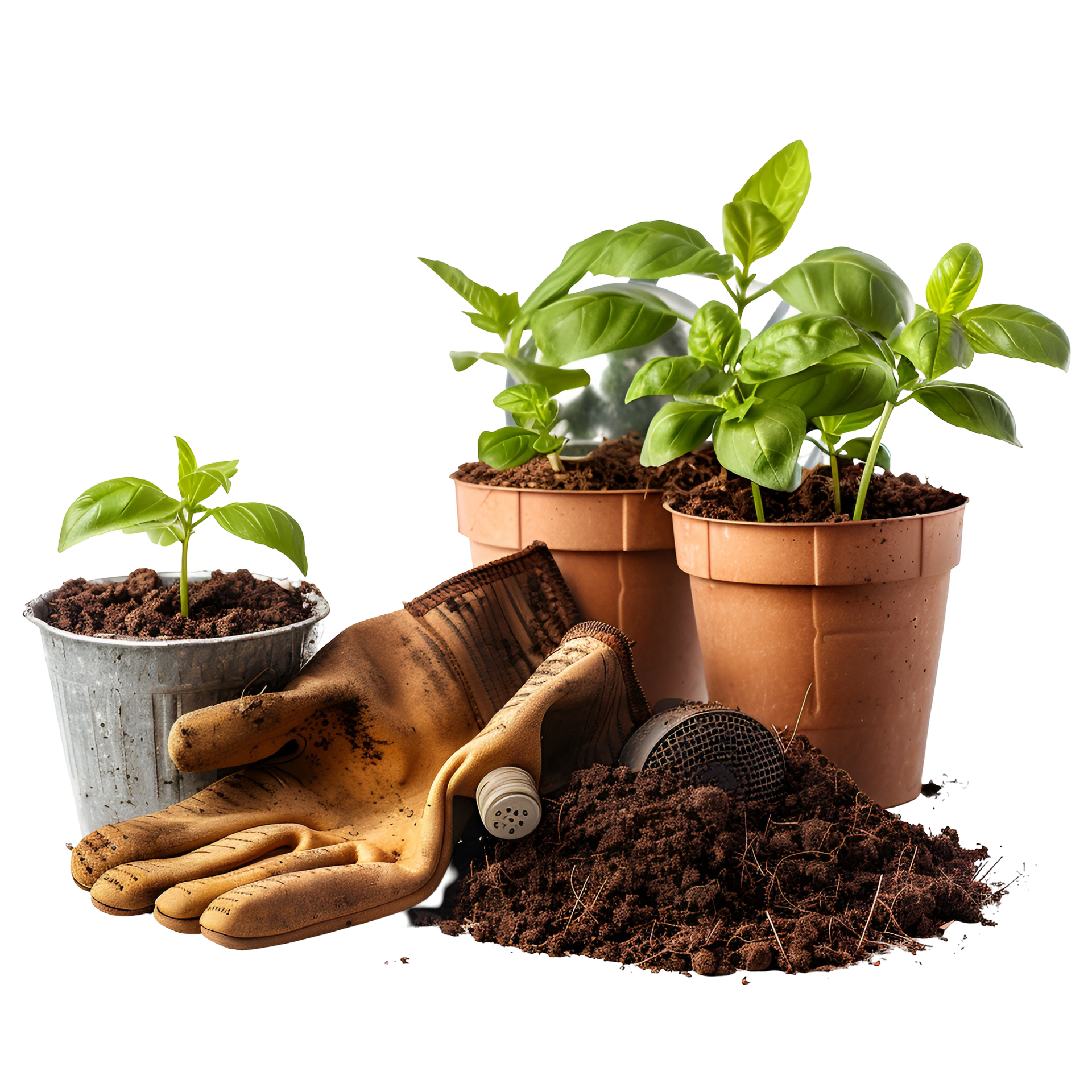 Des plants de basilic en pot, des gants de jardinage, de la terre et des outils.