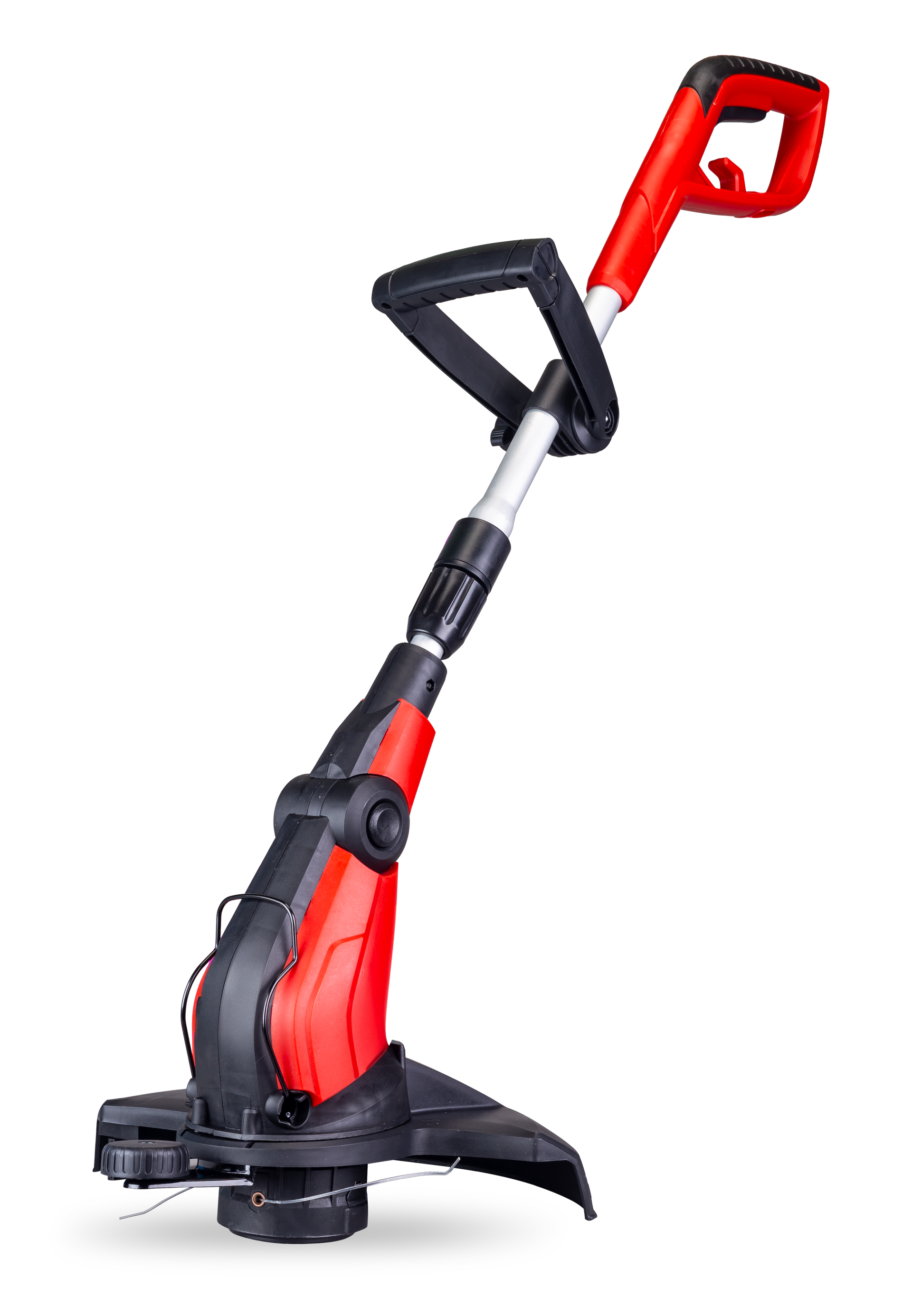 Coupe-bordures électrique rouge et noir avec poignée incurvée sur fond blanc.
