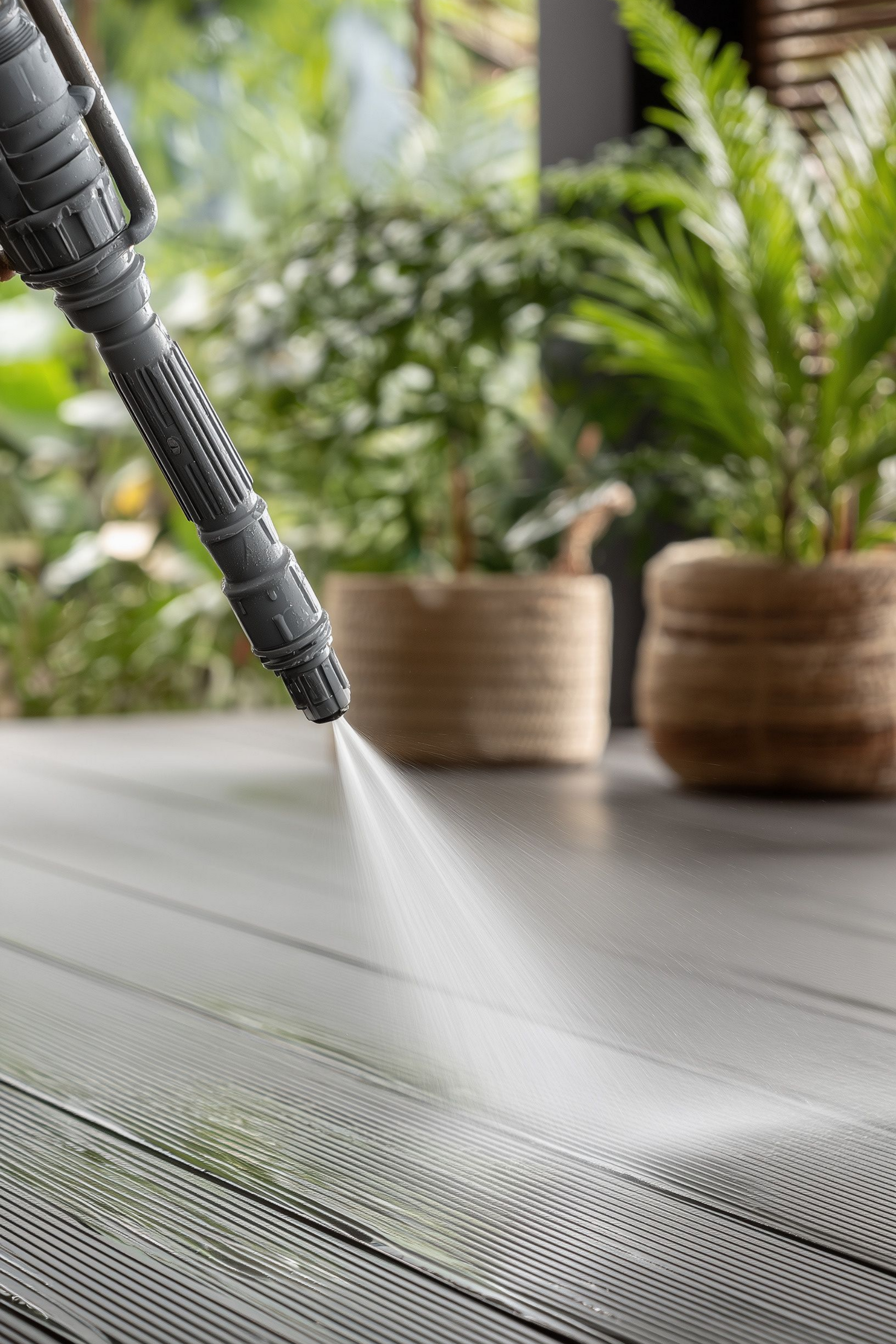 Nettoyeur haute pression arrosant une terrasse en bois. Plantes dans des paniers tressés en arrière-plan.