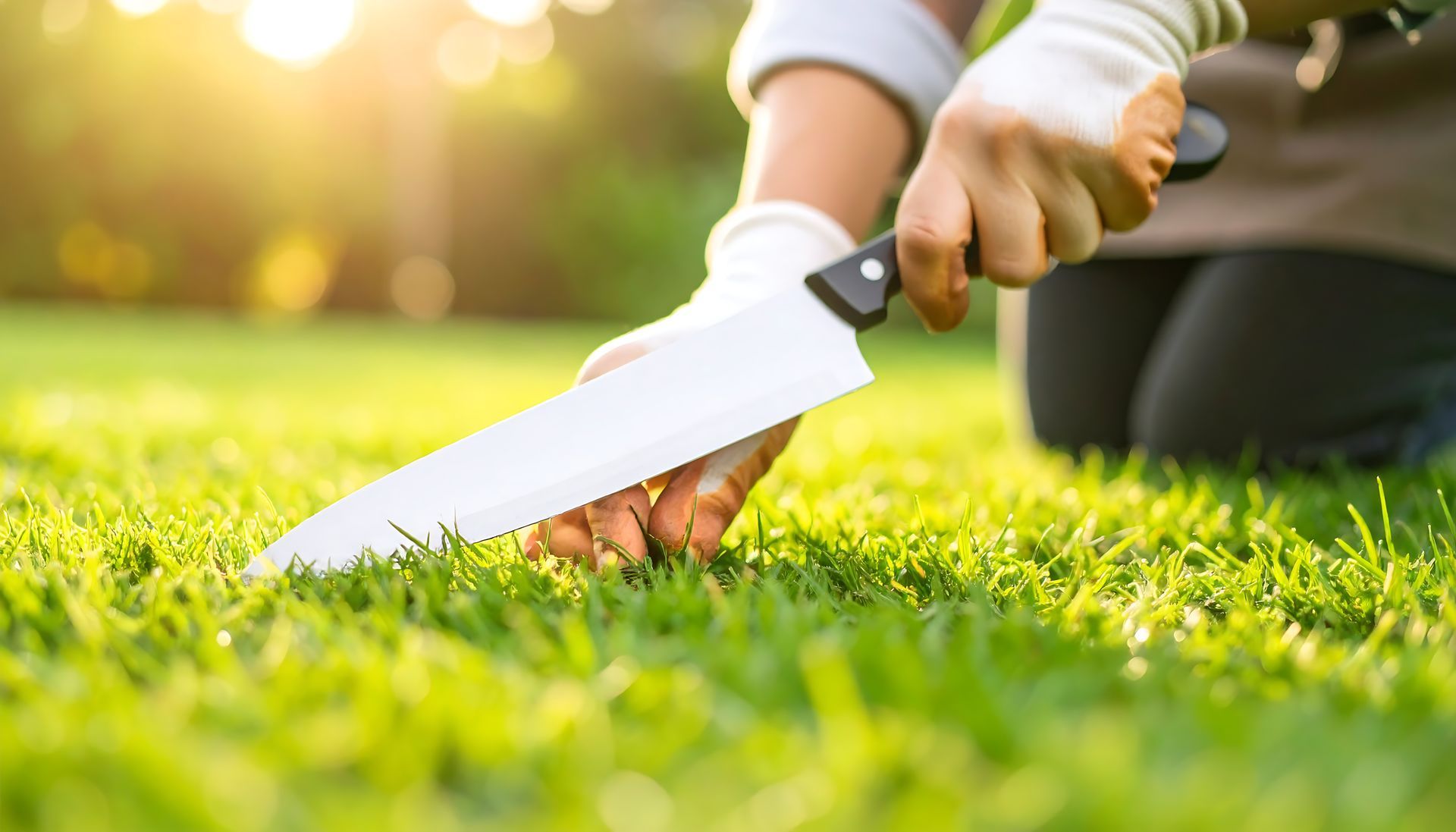 Une personne gantée, agenouillée dans l'herbe, utilise un couteau pour couper quelque chose au ras du sol, en plein soleil.