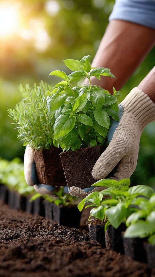 Jardinier tenant des pots d'herbes aromatiques ; plantation de jeunes plants dans un jardin extérieur. Lumière du soleil.