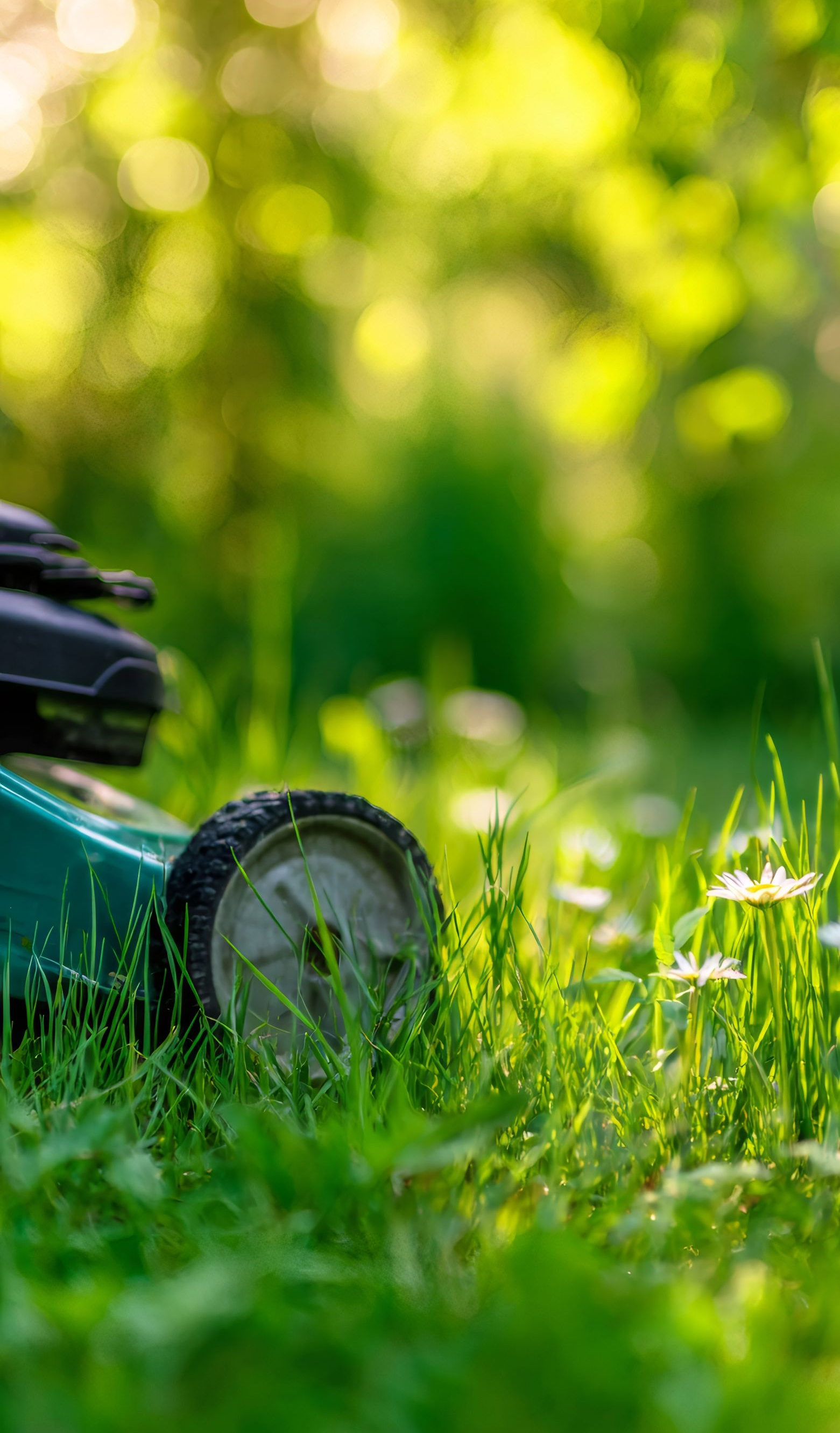 Tondeuse à gazon dans de l'herbe verte avec un arrière-plan flou de feuillage vert.