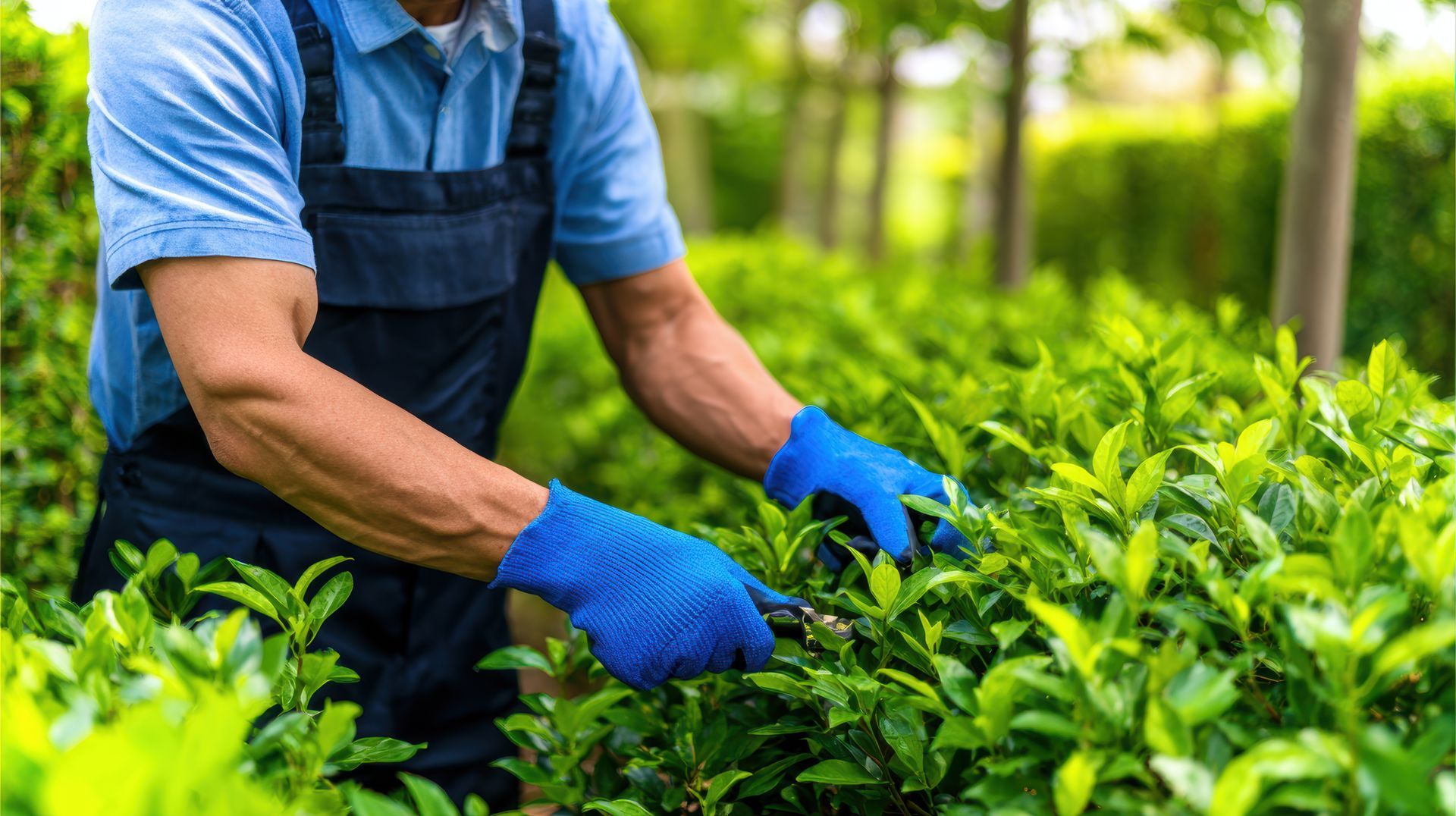 Un jardinier taille des buissons verts, portant des gants bleus et une salopette, dans un jardin.
