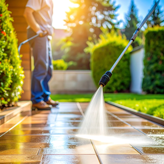 Une personne nettoie à haute pression une allée carrelée à l'extérieur ; lumière du soleil.