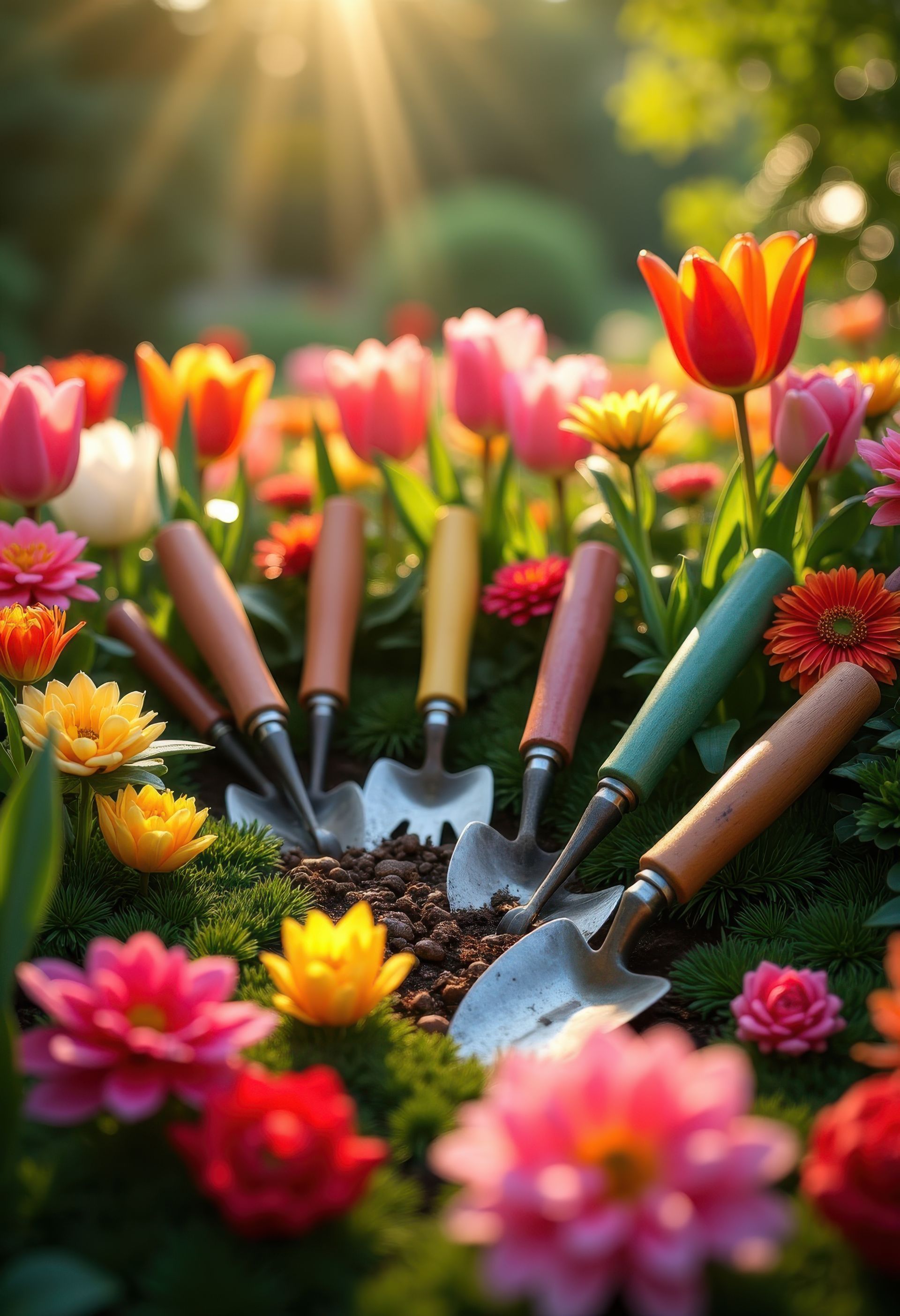 Scène de jardin avec des truelles entourées de tulipes et de fleurs colorées, illuminées par la lumière du soleil.
