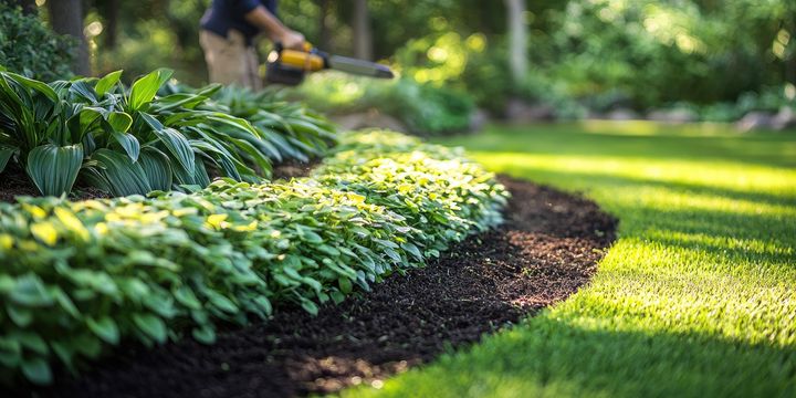 Un homme utilise un souffleur de feuilles dans un parterre de jardin aménagé avec du paillis et des plantes vertes.