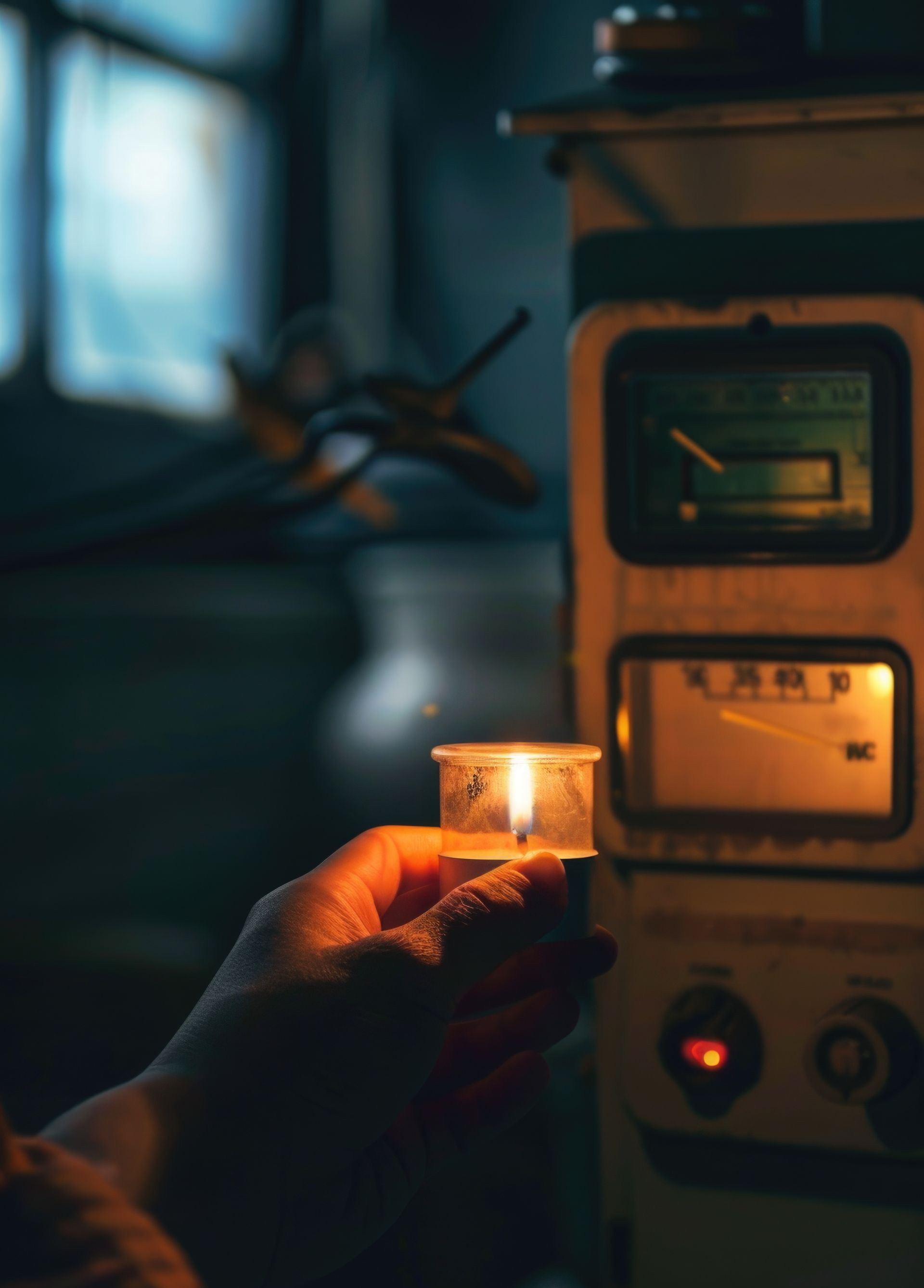 Une main tenant une bougie allumée devant une vieille machine à cadrans, dans une pièce faiblement éclairée.