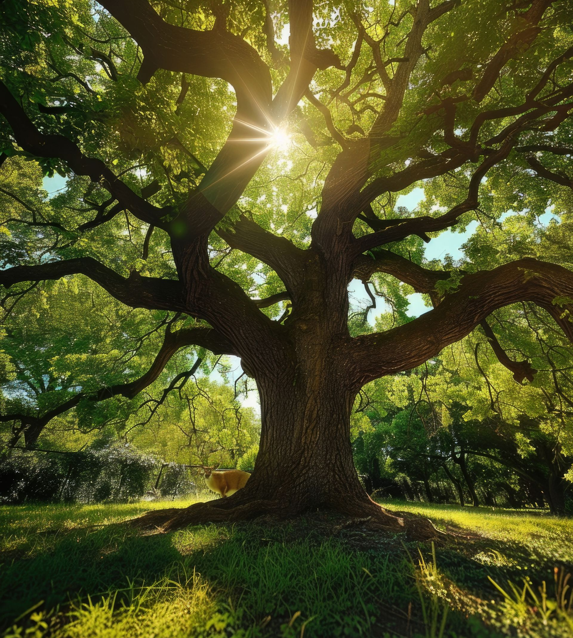 Lumière du soleil filtrant à travers la canopée verte d'un grand arbre. Tronc ombragé sur un sol herbeux.