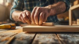 Mains d'une personne ponçant du bois dans un atelier, sciure de bois visible.