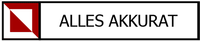 Ein Logo mit einem roten Quadrat und einem weiß-roten Dreieck, mit dem Text „ALLES AKKURAT“.