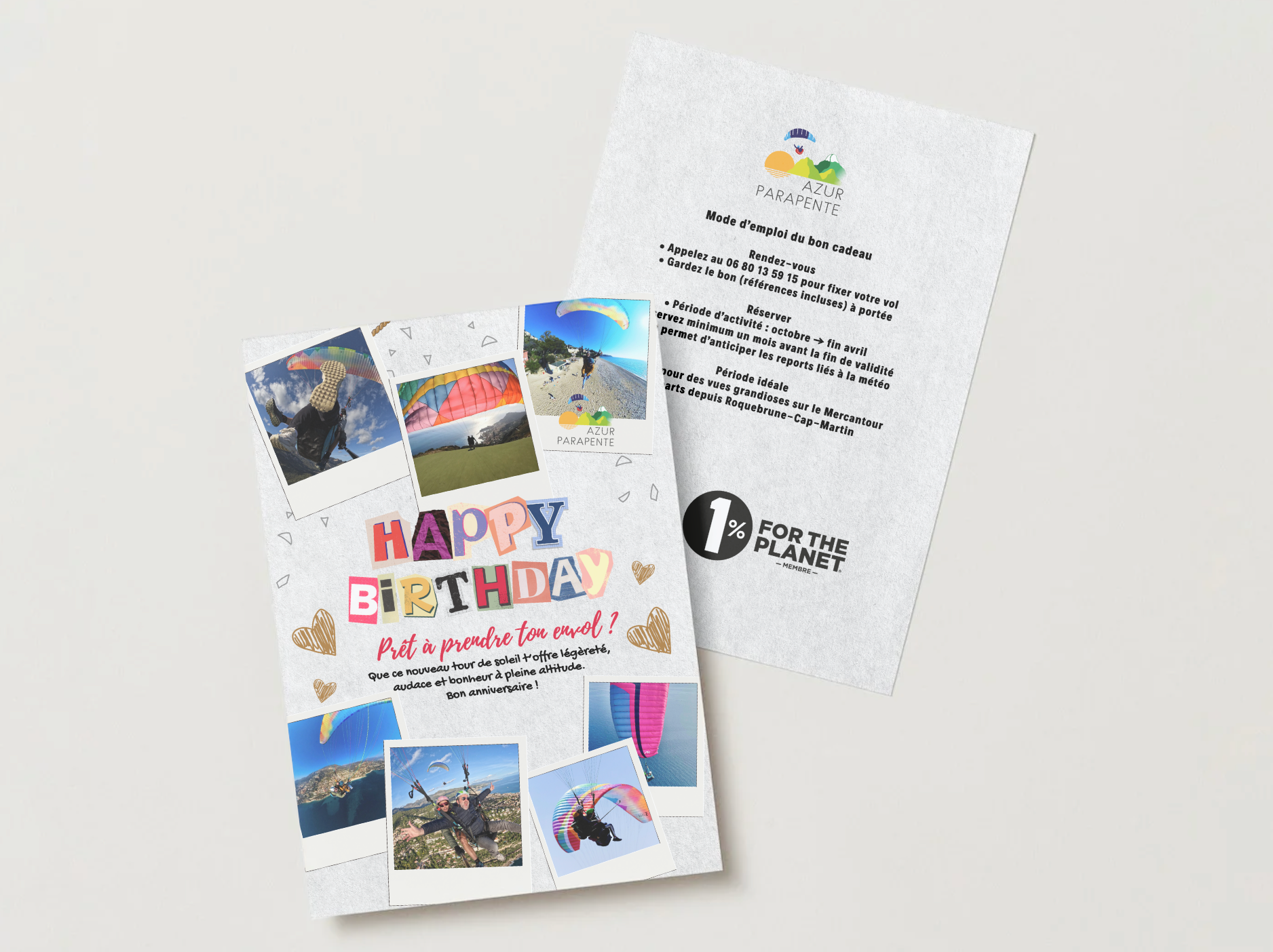 Fêtez ça en prenant de la hauteur ! Offrez l'expérience d'un vol en parapente biplace au-dessus de la
Côte d'Azur. C'est le cadeau d'anniversaire qui restera gravé dans les mémoires, bien au-delà du gâteau.
Un an de plus, une nouvelle perspective !