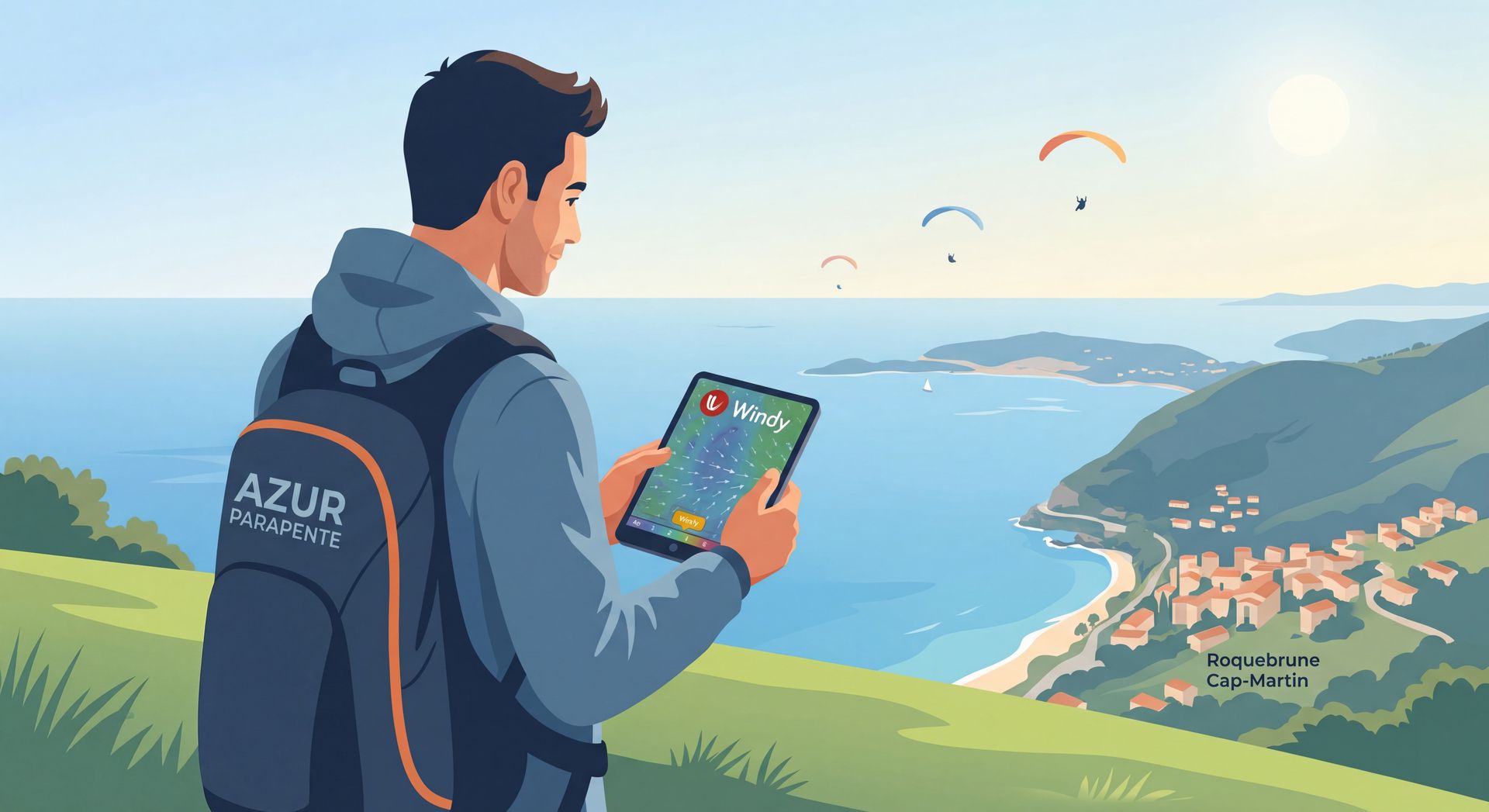 Moniteur et passager en vol en parapente biplace au-dessus de Roquebrune-Cap-Martin par beau temps, 