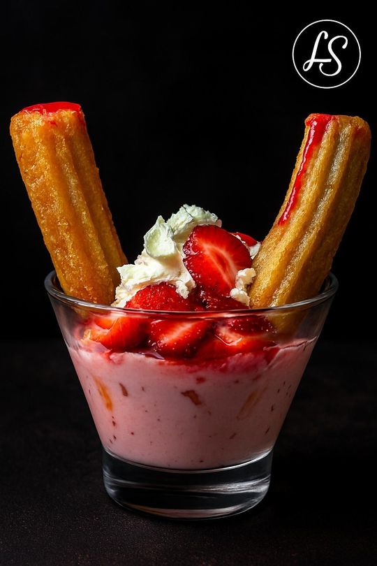 Un postre con churros y fresas en vaso.