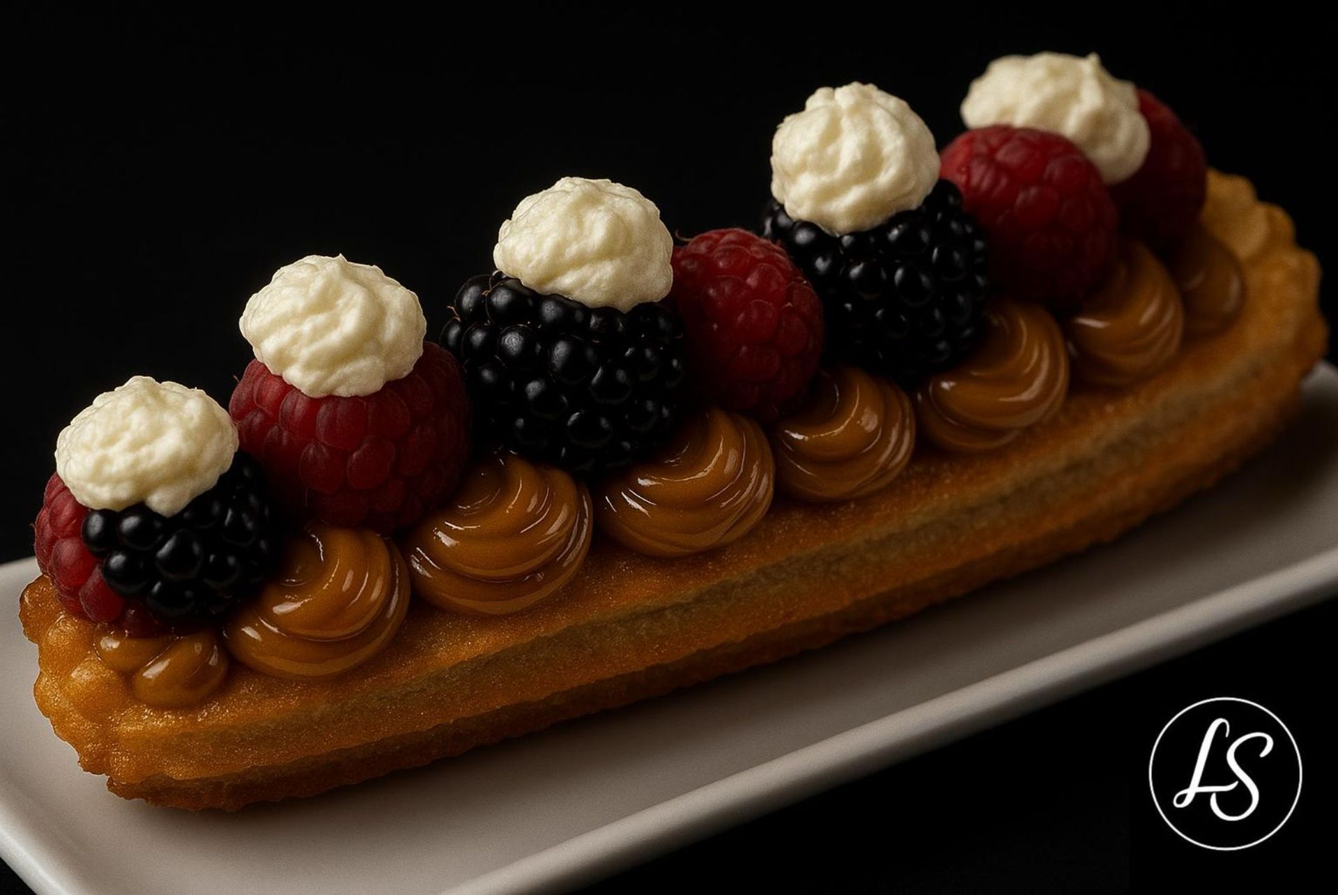 Un pastel con crema batida y bayas en un plato blanco