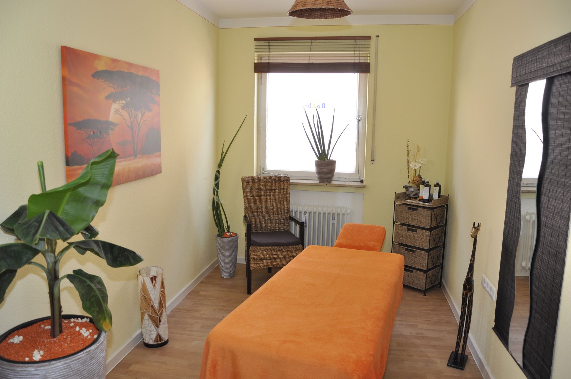 Gemütlicher Behandlungsraum mit Therapieliege und Pflanzen