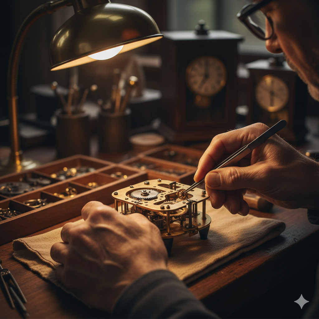 Horloger réalisant un diagnostic sur une horloe
