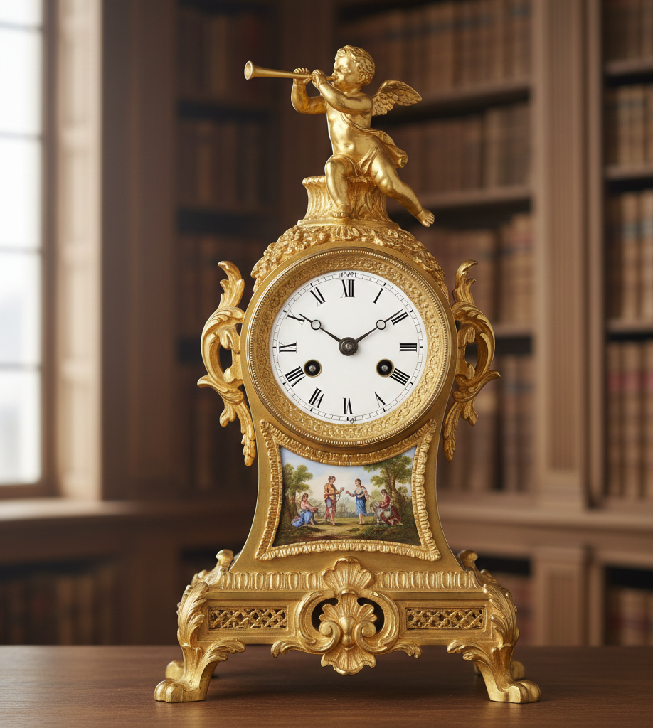 Horloge dorée ornée d'un chérubin et d'une scène peinte, posée sur une table. Fond de bibliothèque.