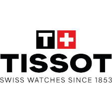 Tissot merki með svörtum texta og rauðum og hvítum krossi fyrir ofan það