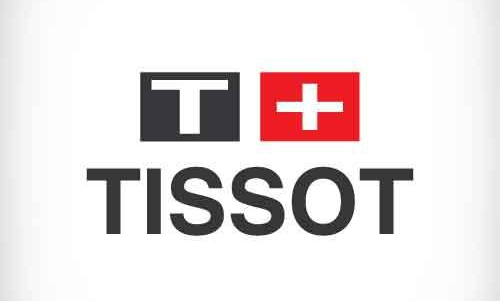 Tissot merki með svörtum texta og rauðum og hvítum krossi fyrir ofan það