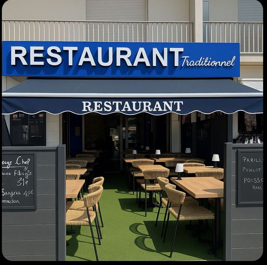 Restaurant avec auvent bleu, sièges extérieurs et Restaurant en texte blanc.
