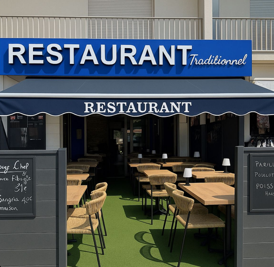 Restaurant avec auvent bleu et signalétique, terrasse extérieure sur gazon artificiel.