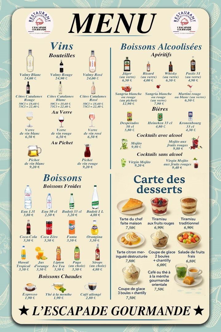 Cartes des boissons et desserts