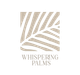 Logo for Whispering Palms, beige palm leaf design within a square, with text "Whispering Palms" below.