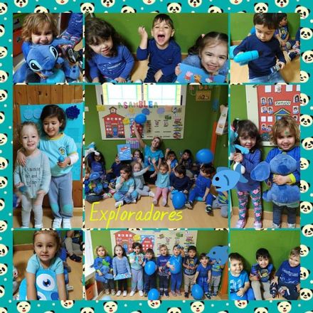 Un collage de niños vestidos de azul con la palabra exploradores en la parte inferior.