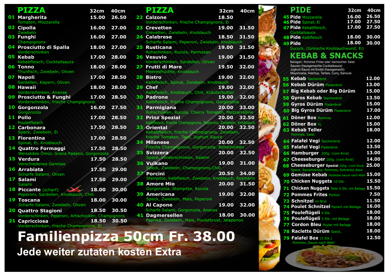Speisekarte für ein Pizza- und Kebab-Restaurant mit Listen verschiedener Speisen, Preisen und einer Familienpizza-Option.