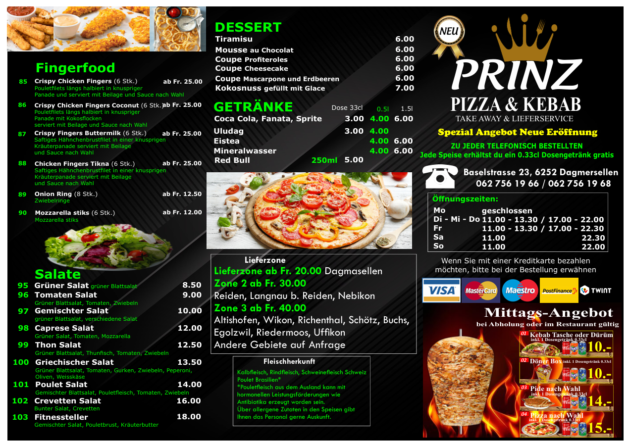 Speisekarte von Prinz Pizza & Kebab mit Kategorien für Fingerfood, Salate, Desserts, Getränke und Mittagsangebote.