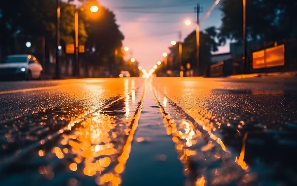 Calle mojada al anochecer, con el reflejo de las farolas naranjas. Se ven algunos coches y edificios a lo lejos.