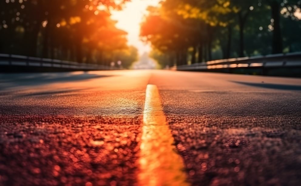 Camino que se extiende en la distancia, bordeado de árboles, con un resplandor anaranjado brillante del atardecer.