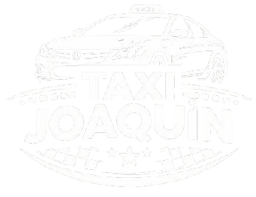 Logotipo de taxi blanco con gr&aacute;fico de autom&oacute;vil y texto "TAXI JOAQUIN".