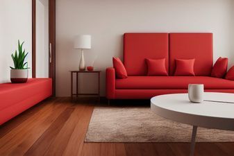 Una sala de estar con un sofá rojo y una mesa de café blanca.